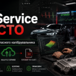 Технічний спеціаліст за ноутбуком аналізує дані про роботу автомобіля на сучасній СТО, оточений автозапчастинами та двигунами. У тексті, написаному українською мовою, висвітлюються такі теми: чіп-тюнінг, діагностика та безпечний файловий сервіс для калібрування автомобілів.