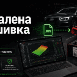 Опис: У рекламі українською мовою показано ноутбук, автомобільний блок управління (ЕБУ) та упаковку; у ній пропонується дистанційне оновлення прошивки ЕБУ через файл або поштою. Додано іконки для онлайн-варіанту, поштового варіанту та безпечного варіанту. На тлі видно автомобіль Audi.